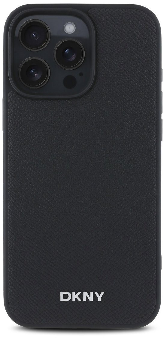 DKNY PU Leather Silver Metal Logo Magsafe Zadný Kryt na iPhone 16 Pro Black