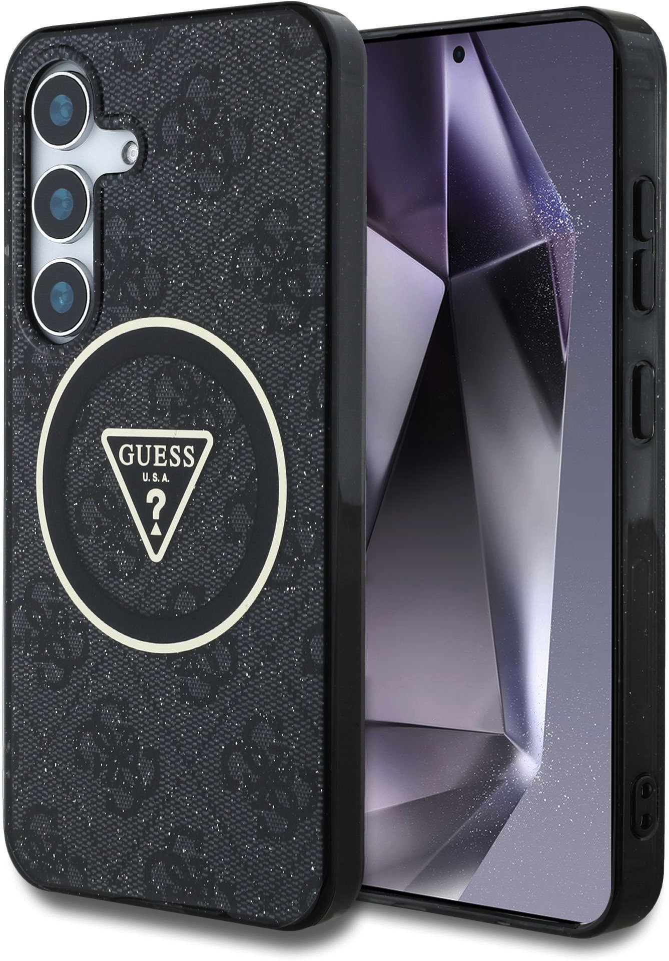 Guess IML 4G Glitter and Triangle Logo MagSafe Zadný Kryt pre Samsung Galaxy S25 Black