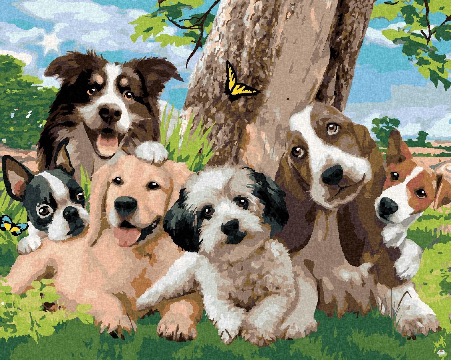 Maľovanie podľa čísel – Psy pri strome na lúke (Howard Robinson), 80 × 100 cm, bez rámu a bez napnutia plátna