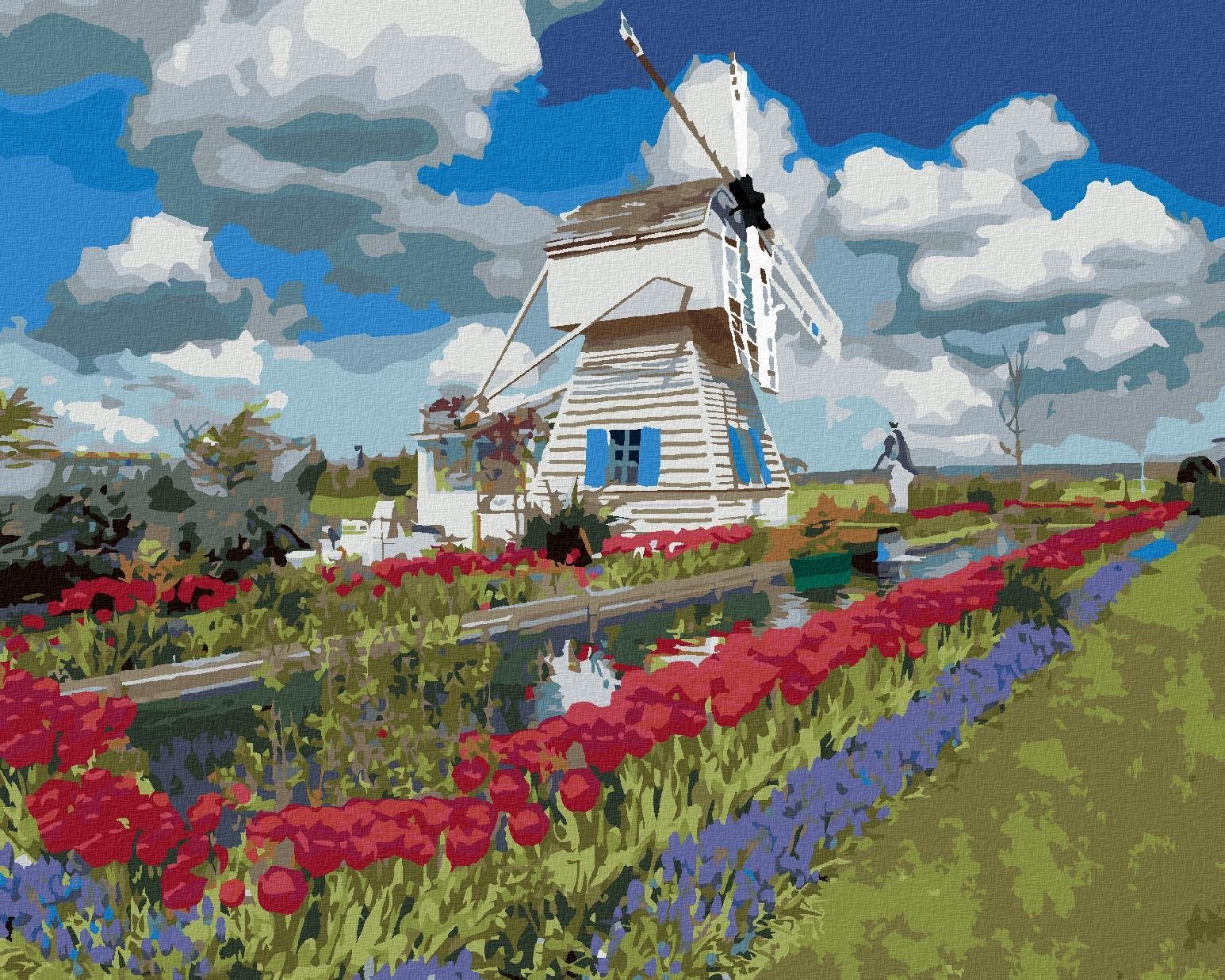 Zuty – Maľovanie Podľa Čísel – Veterný Mlyn A Tulipány (Dennis Frates), 40 × 50 cm, Plátno
