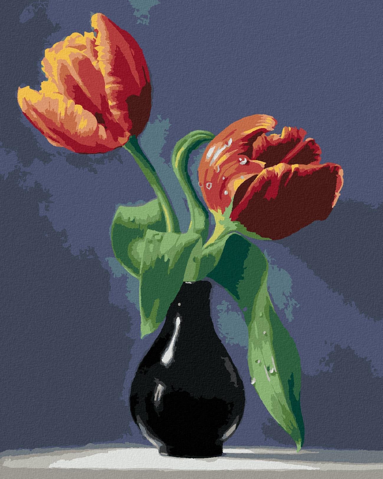 Zuty – Maľovanie podľa čísel – Zátišie tulipány v čiernej váze na mramorovej doske (Pieter Wagemans), 40 × 50 cm, plátno + rám