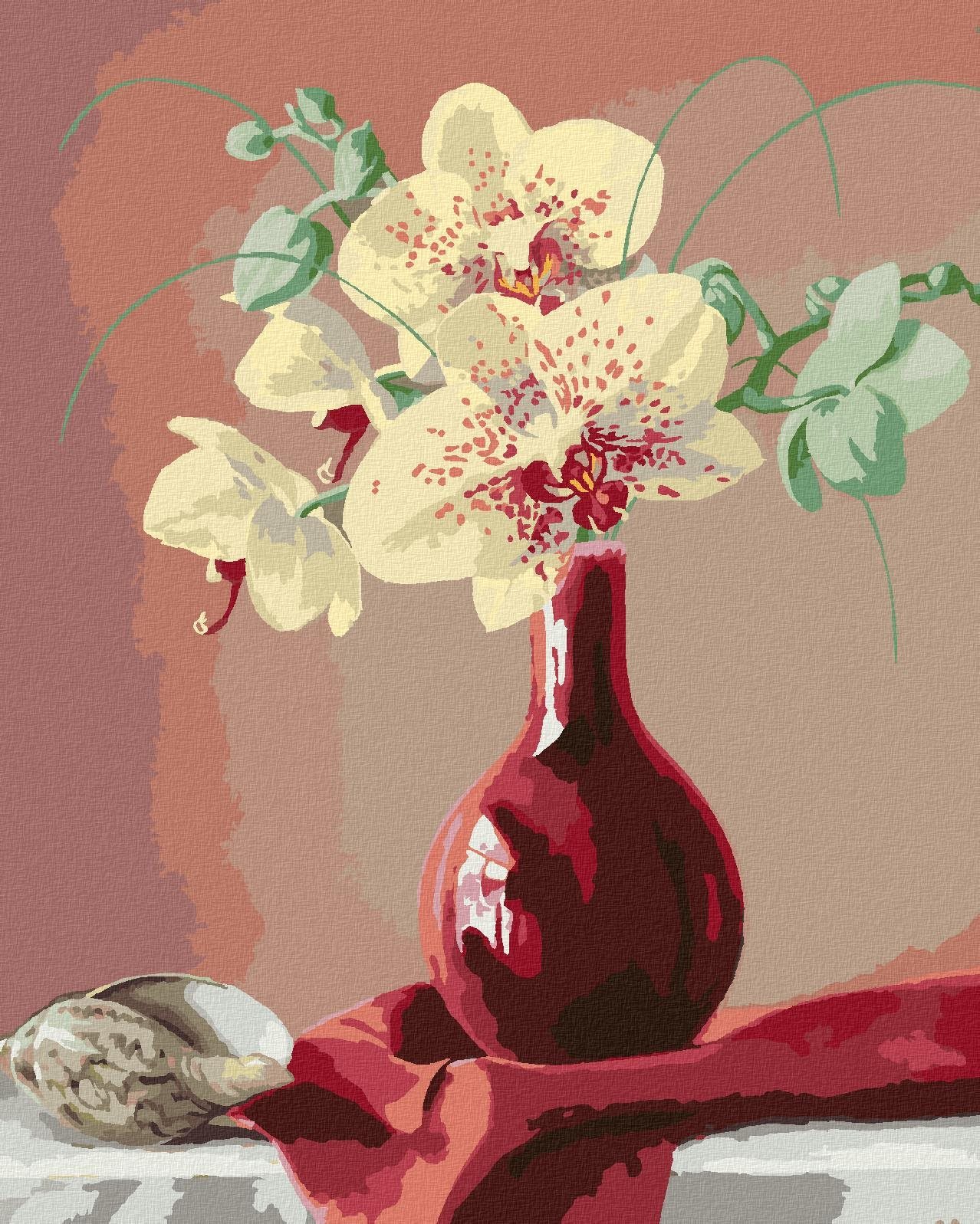 Zuty – Maľovanie podľa čísel – Zátišie orchidea v červenej váze a mušľa (Pieter Wagemans), 40 × 50 cm, plátno