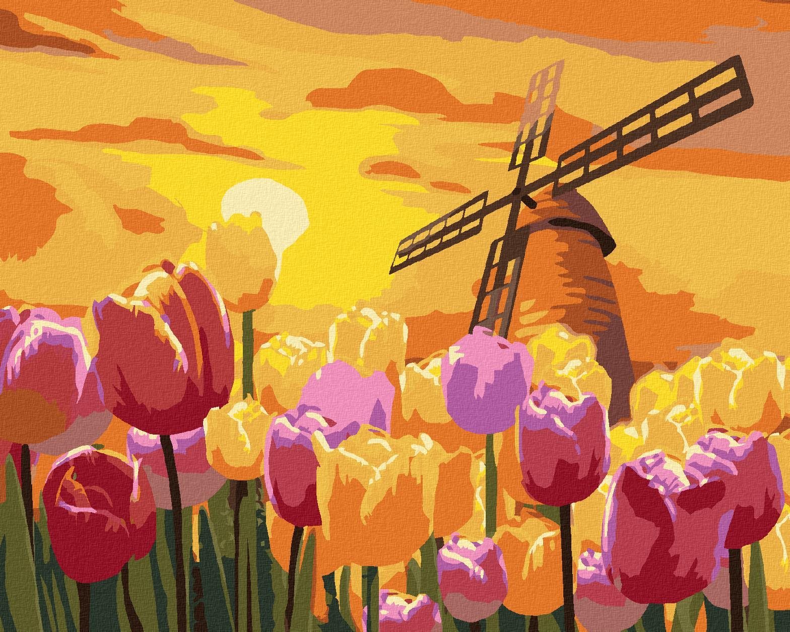 Zuty – Maľovanie Podľa Čísel – Krásne Tulipány S Veterným Mlynom, 80 × 100 cm, Plátno