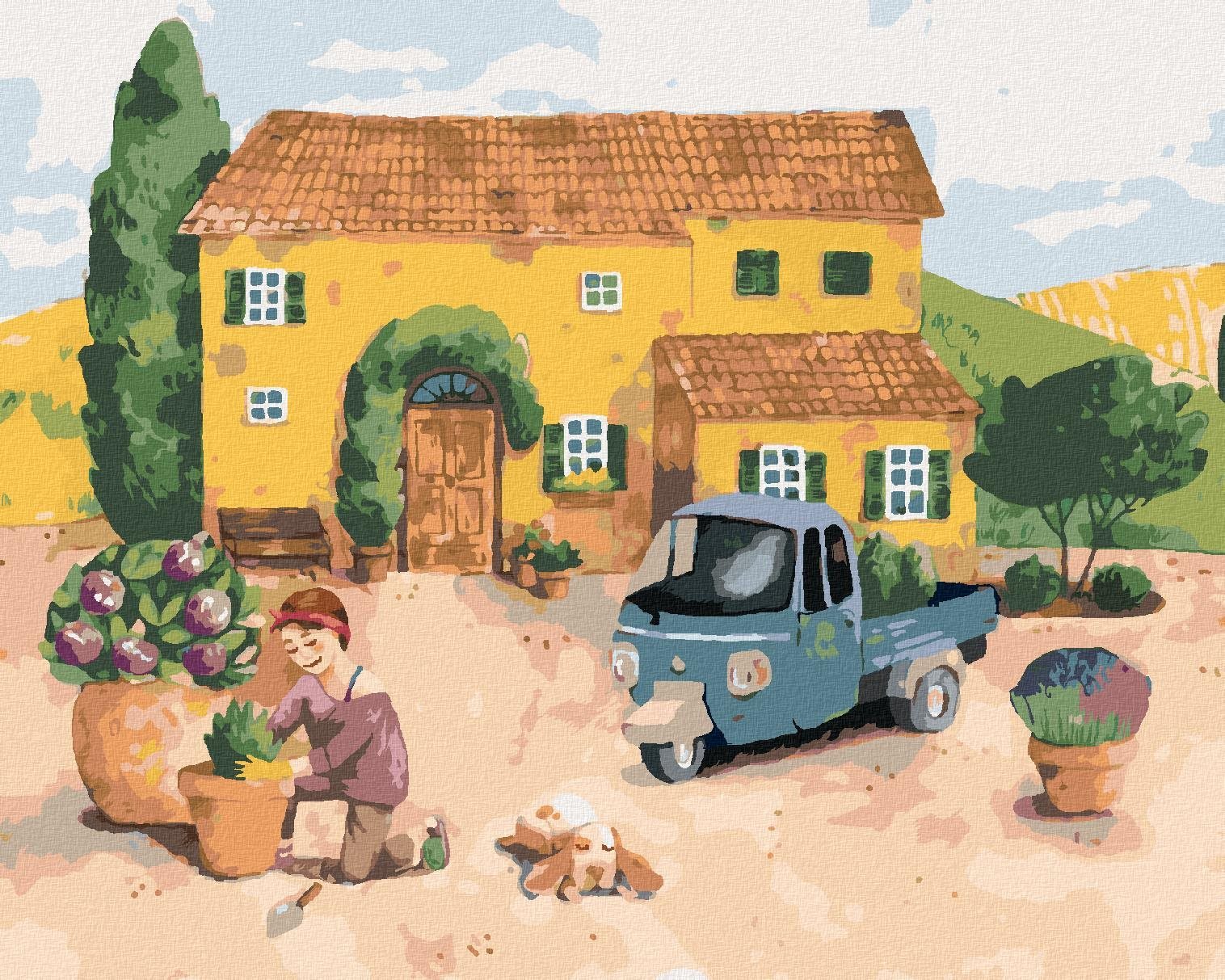 Zuty – Maľovanie Podľa Čísel – Žena Sadiaca Kvety Pri Dome V Provensálsku, 40 × 50 cm, Plátno