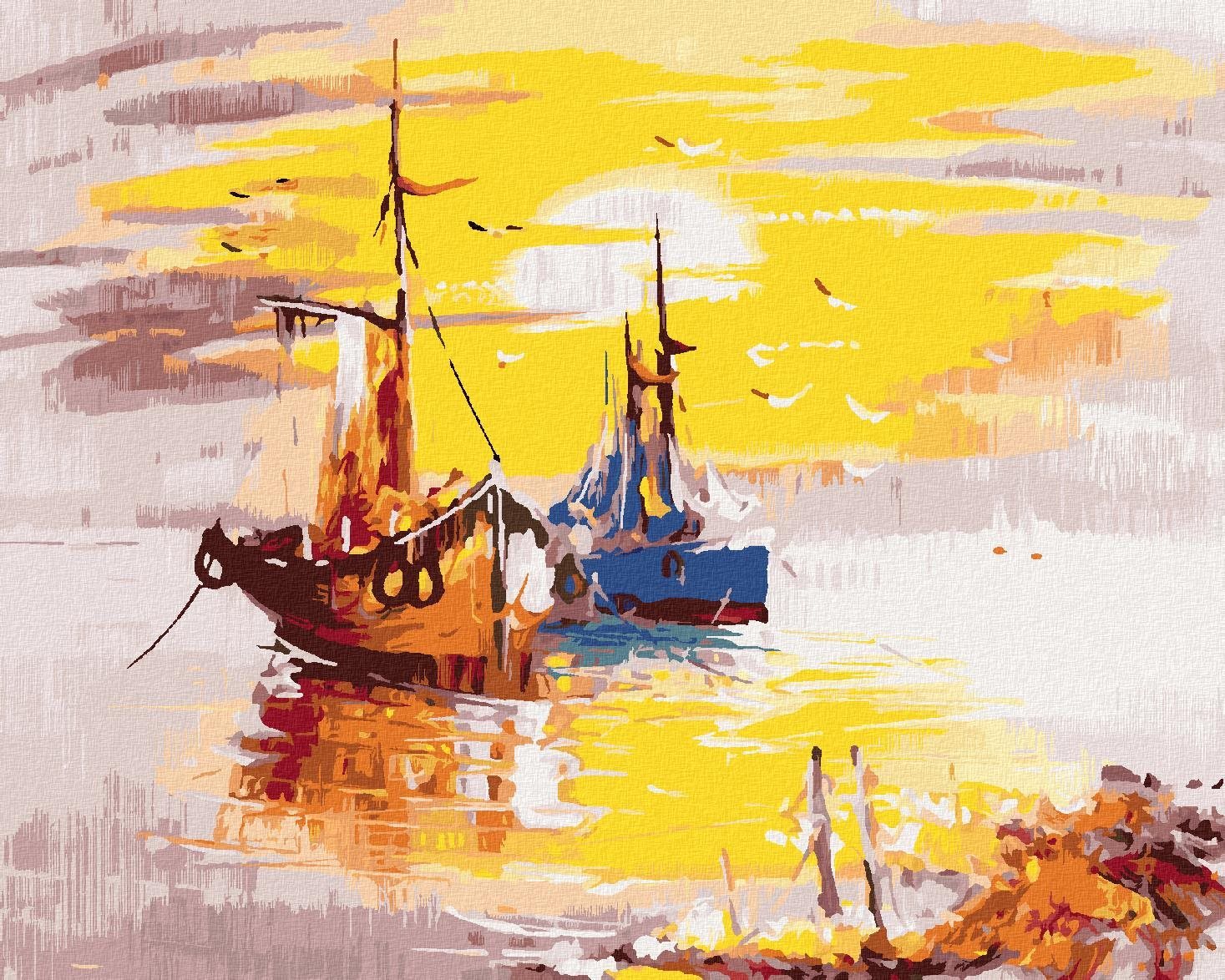 Zuty – Maľovanie Podľa Čísel – Maľované Lode A Západ Slnka, 80 × 100 cm, Plátno + Rám