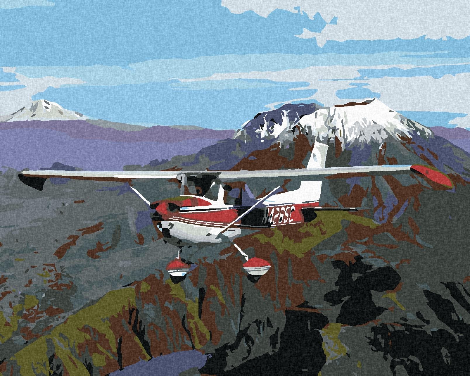 Maľovanie podľa čísel - Lietadlo nad sopkou, 100 x 80 cm, napnuté plátno na ráme