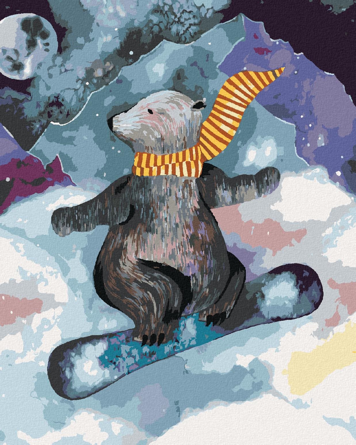 Diamondi – Diamantové maľovanie – MEDVEĎ NA SNOWBOARDE, 40 × 50 cm, bez rámu a bez vypnutia plátna