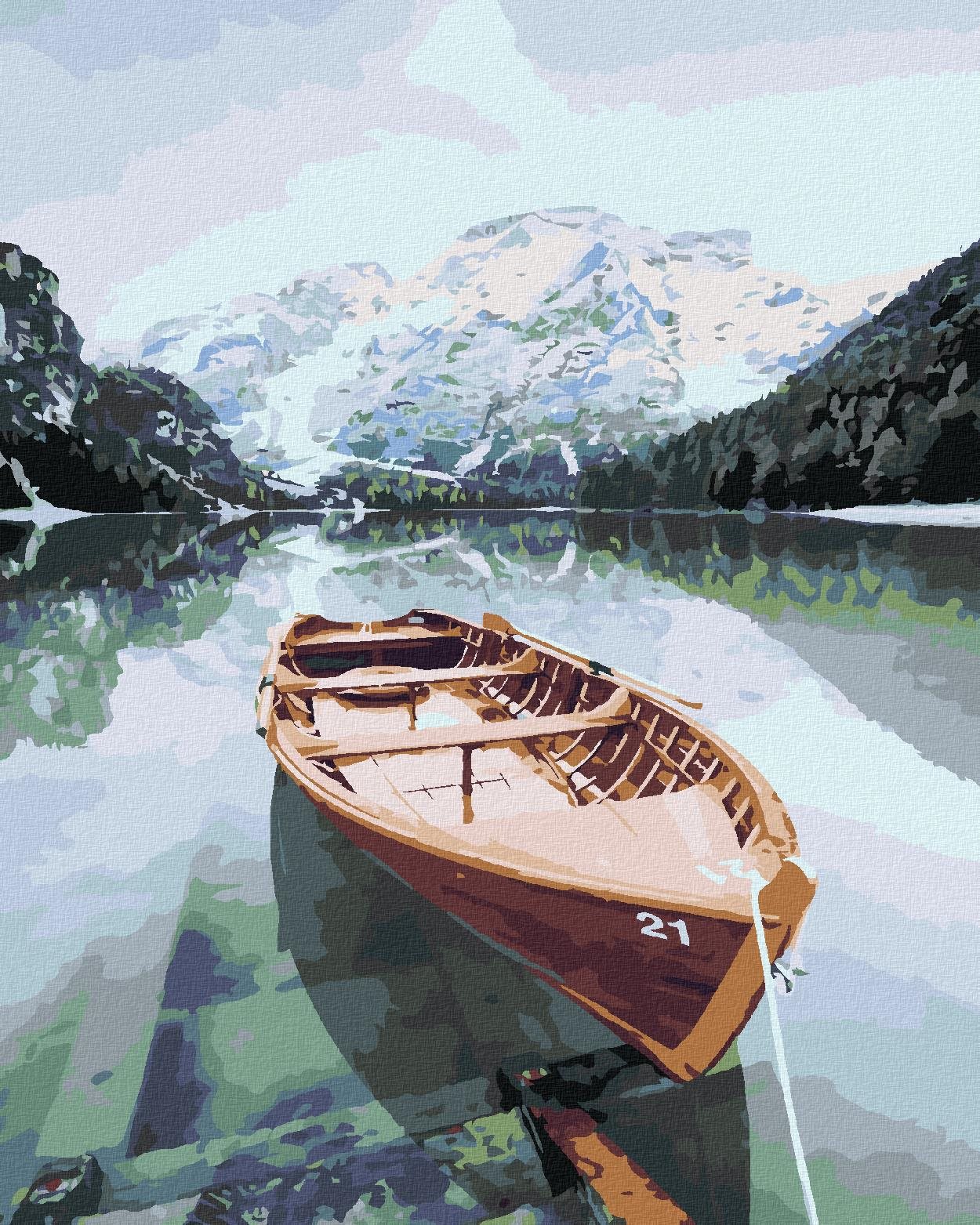 Diamondi – Diamantové maľovanie – DREVENÁ LOĎKA NA ALPSKOM JAZERE, 40 × 50 cm, bez rámu a bez vypnutia plátna