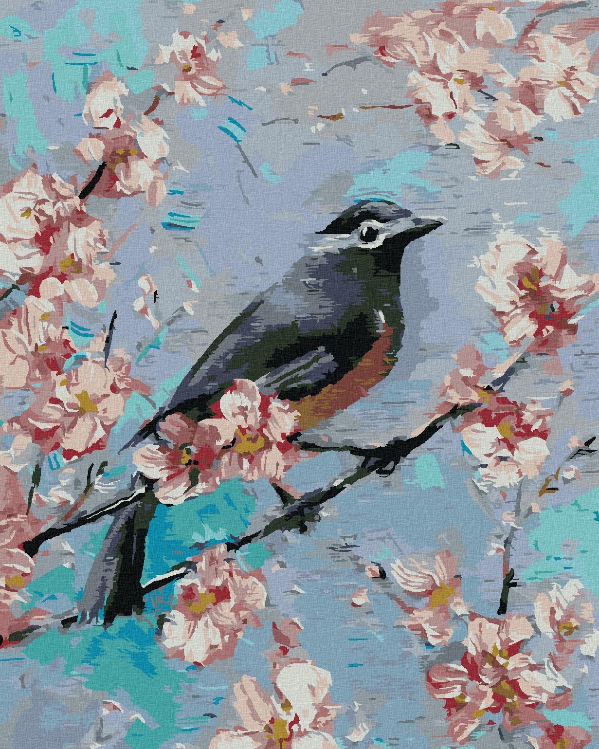 Diamondi – Diamantové maľovanie – VTÁČIK NA ČEREŠNI, 40 × 50 cm, bez rámu a bez vypnutia plátna