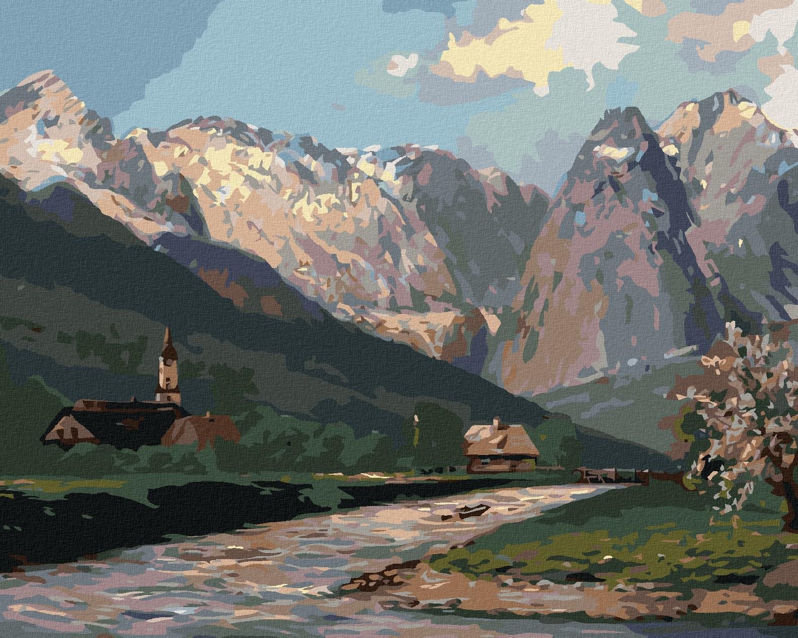 Diamondi – Diamantové maľovanie – HORY A DEDINY NA VIDIEKU, 40 × 50 cm, bez rámu a bez vypnutia plátna