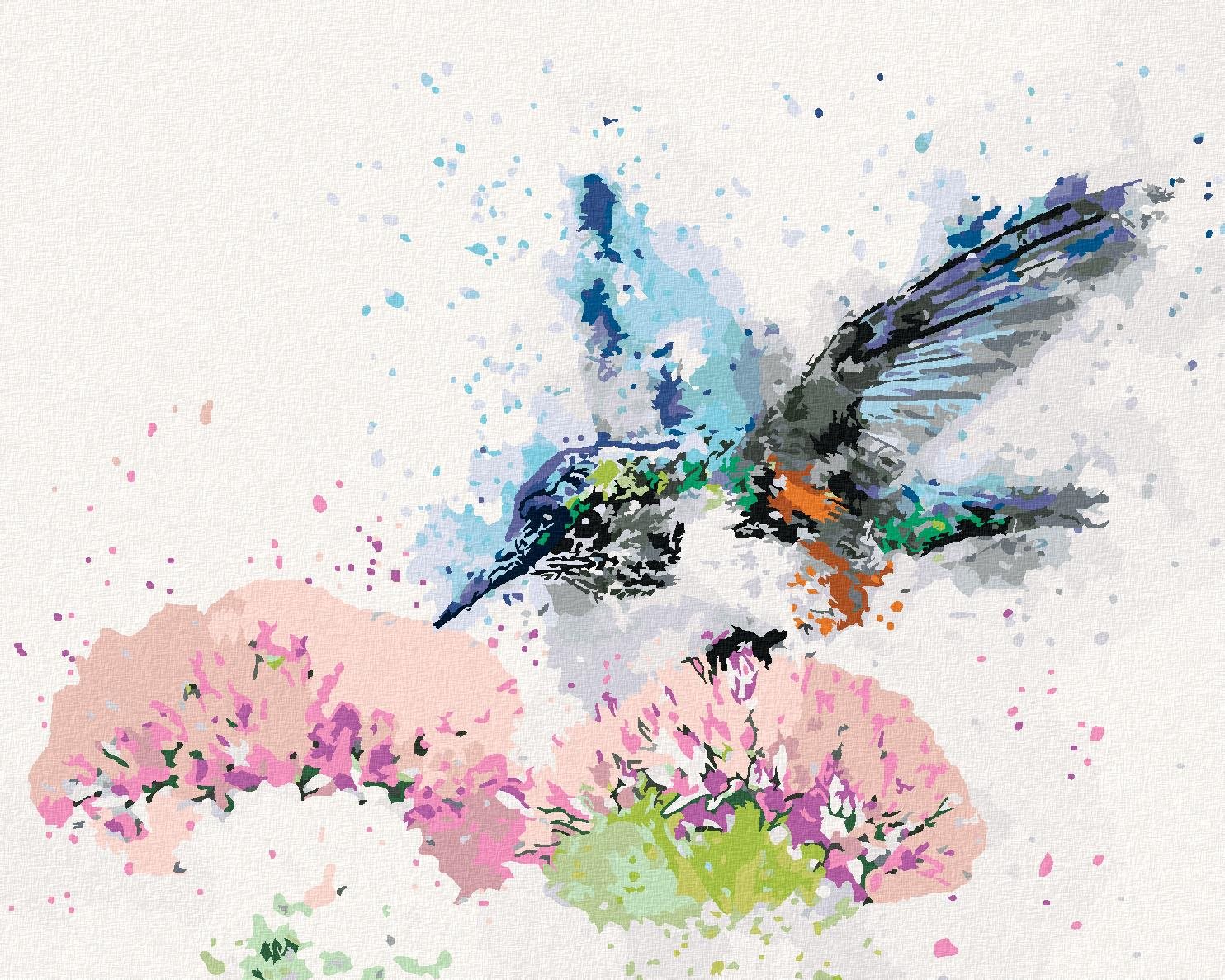 Diamondi – Diamantové maľovanie – MAĽOVANÝ KOLIBRÍK A KVETINY, 40 × 50 cm, bez rámu a bez vypnutia plátna