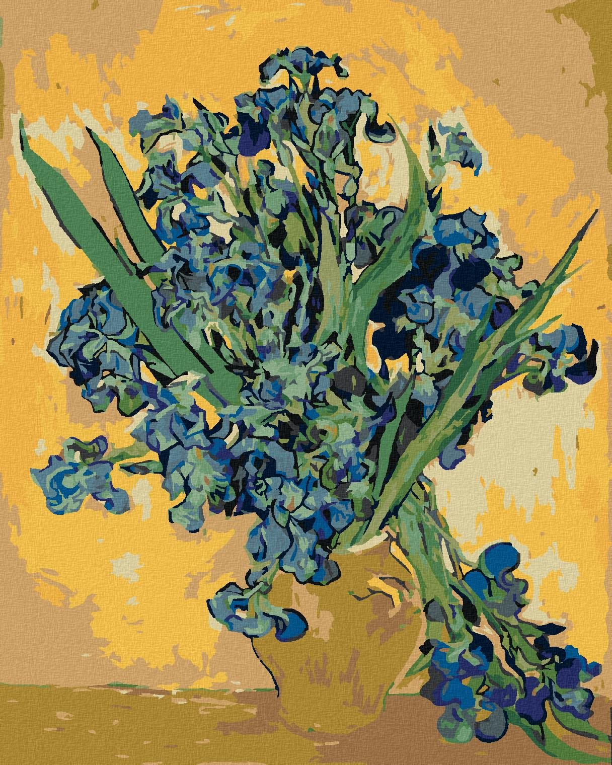 Diamondi – Diamantové maľovanie – ZÁTIŠIE VÁZA S KOSATCAMI NA ŽLTOM POZADÍ (VINCENT VAN GOGH), 40 × 50 cm, bez rámu a bez vypnutia plátna