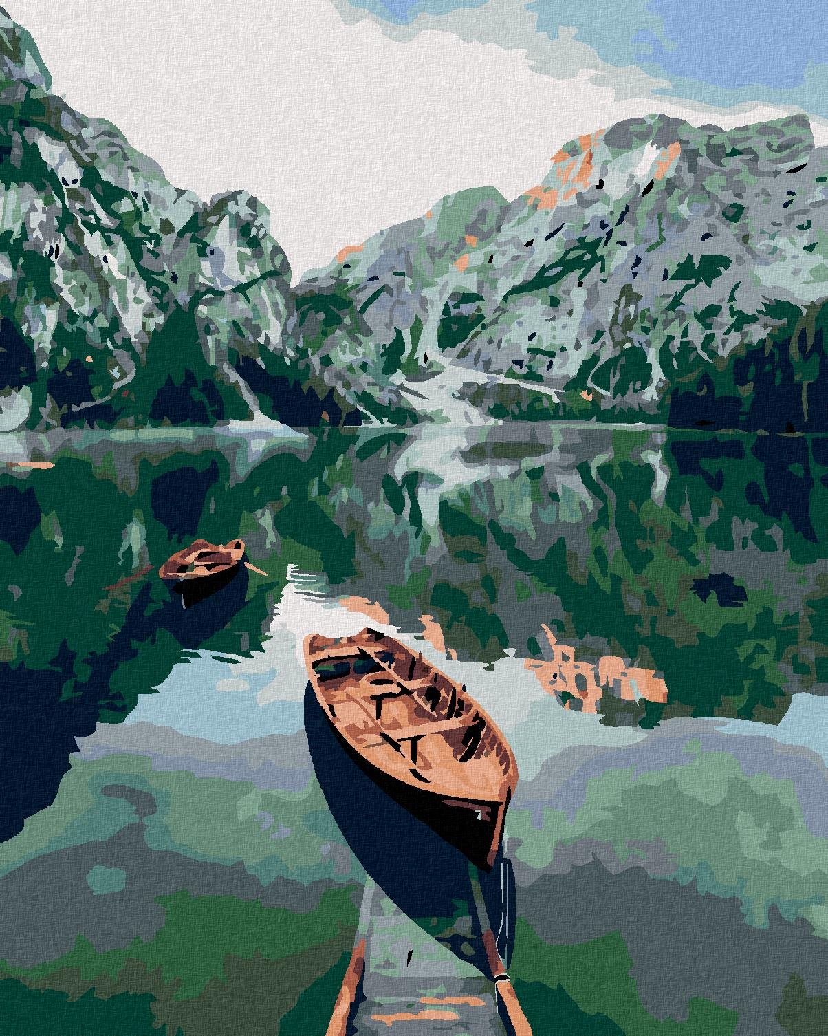 Diamondi – Diamantové maľovanie – ČLNY NA JAZERE V HORÁCH, 40 × 50 cm, bez rámu a bez vypnutia plátna