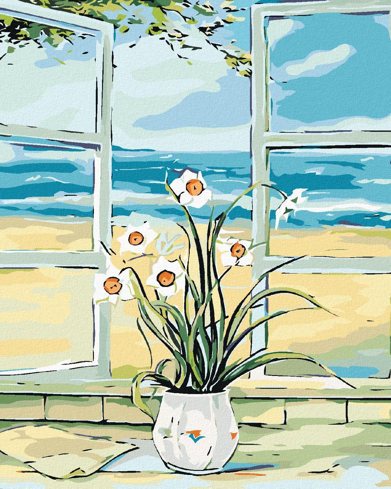 Diamondi – NARCIS V OKNE NA PLÁŽI, 40 × 50 cm, napnuté plátno na rám