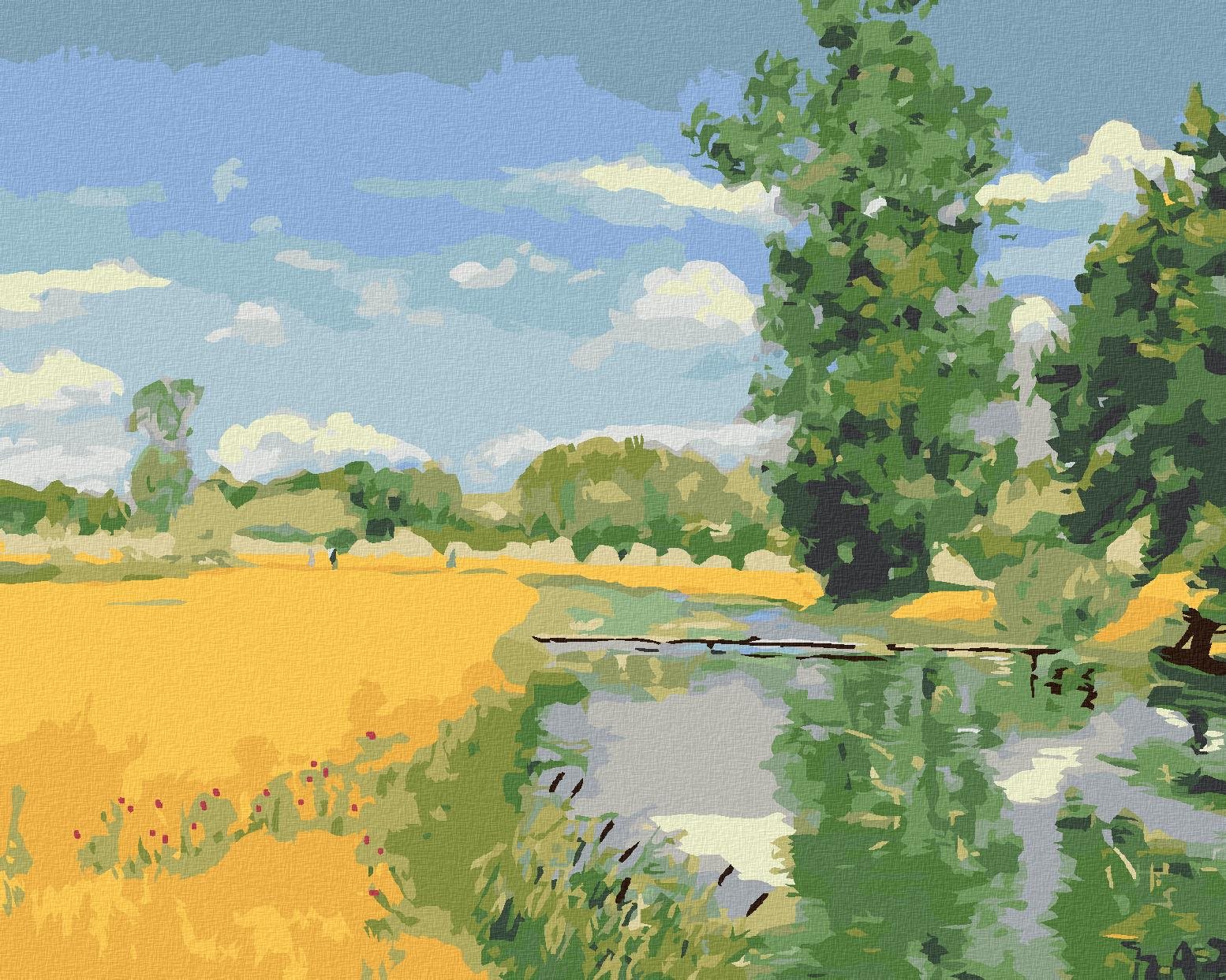 Diamondi – Diamantové maľovanie – RIEKA PRETEKAJÚCA KRAJINOU V DOBE ZBERU (H. A. BRENDEKILDE), 40 × 50 cm, vypnuté plátno na rám