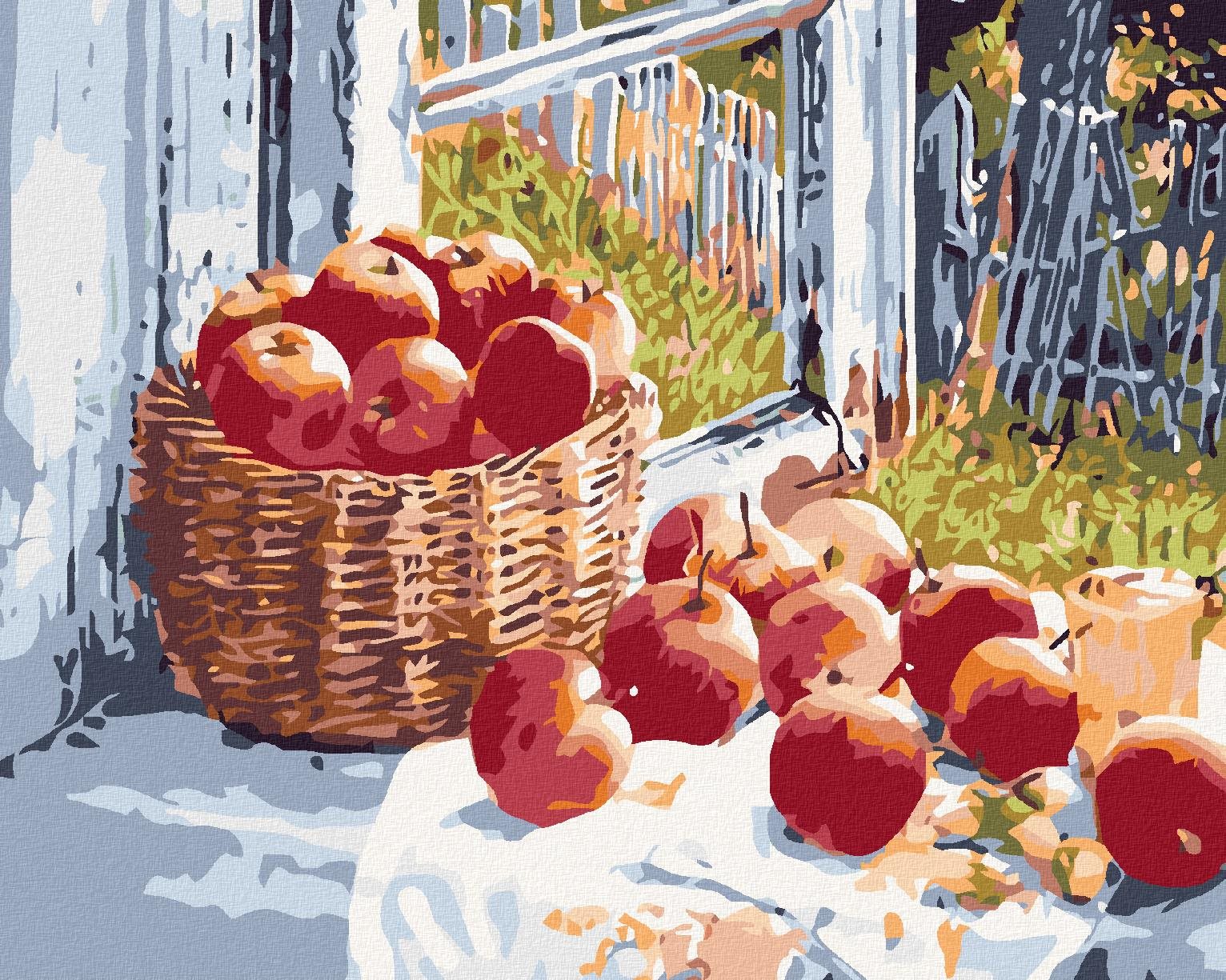 Diamondi – Diamantové maľovanie – JABLKÁ NA OKNE, 40 × 50 cm, bez rámu a bez vypnutia plátna