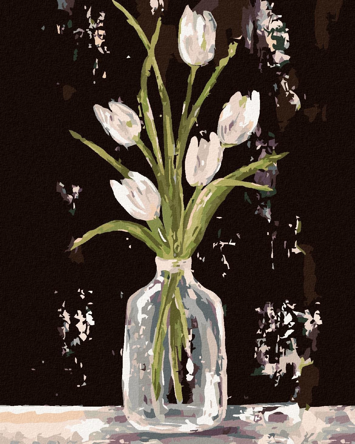 Biele tulipány v sklenenej váze (Haley Bush), 40×50 cm, bez rámu a bez vypnutia plátna