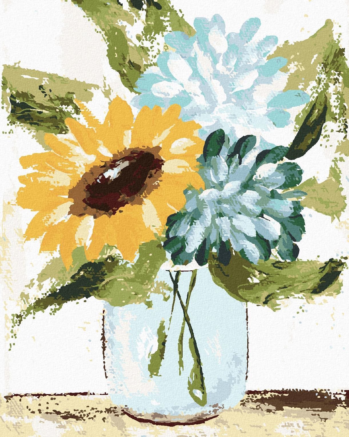 Hortenzia a slnečnica vo váze (Haley Bush), 40×50 cm, bez rámu a bez vypnutia plátna