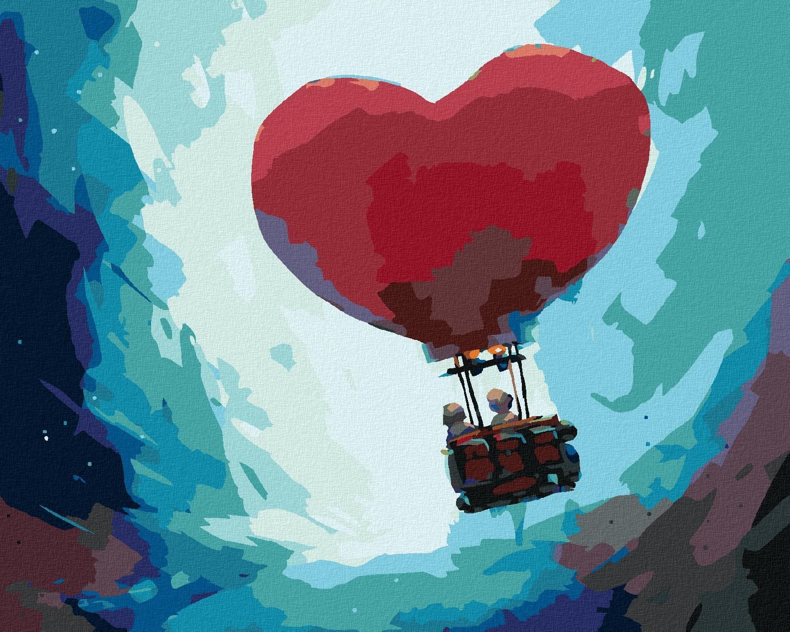 Pár letiaci v srdiečkovom balóne, 40×50 cm, bez rámu a bez vypnutia plátna