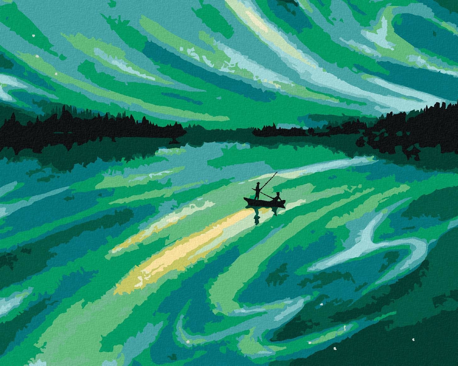 Plávajúce loďka a zelená vesmírna obloha, 80×100 cm, bez rámu a bez vypnutia plátna