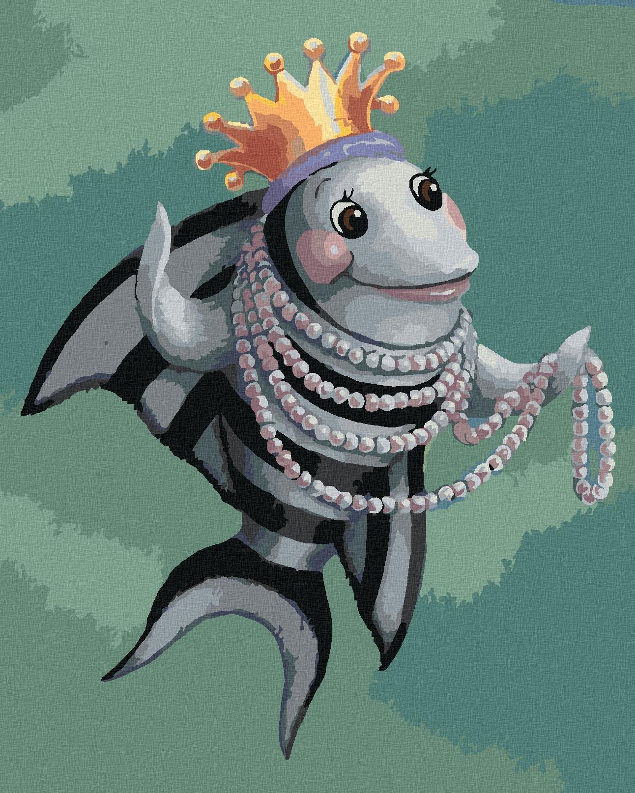 Ryba s korunou a korálkami (Sue Ellen Brown), 40×50 cm, bez rámu a bez vypnutia plátna