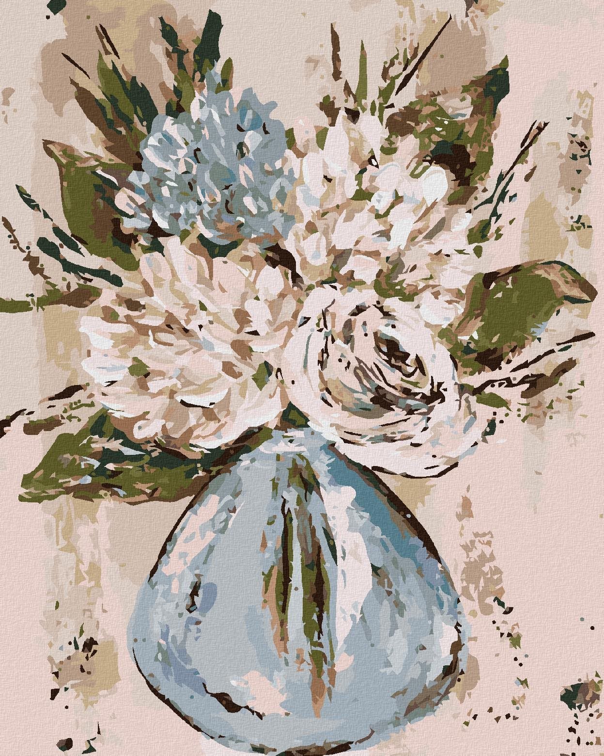 Zátišie modrej a bielej kvety vo váze (Haley Bush), 40×50 cm, bez rámu a bez vypnutia plátna