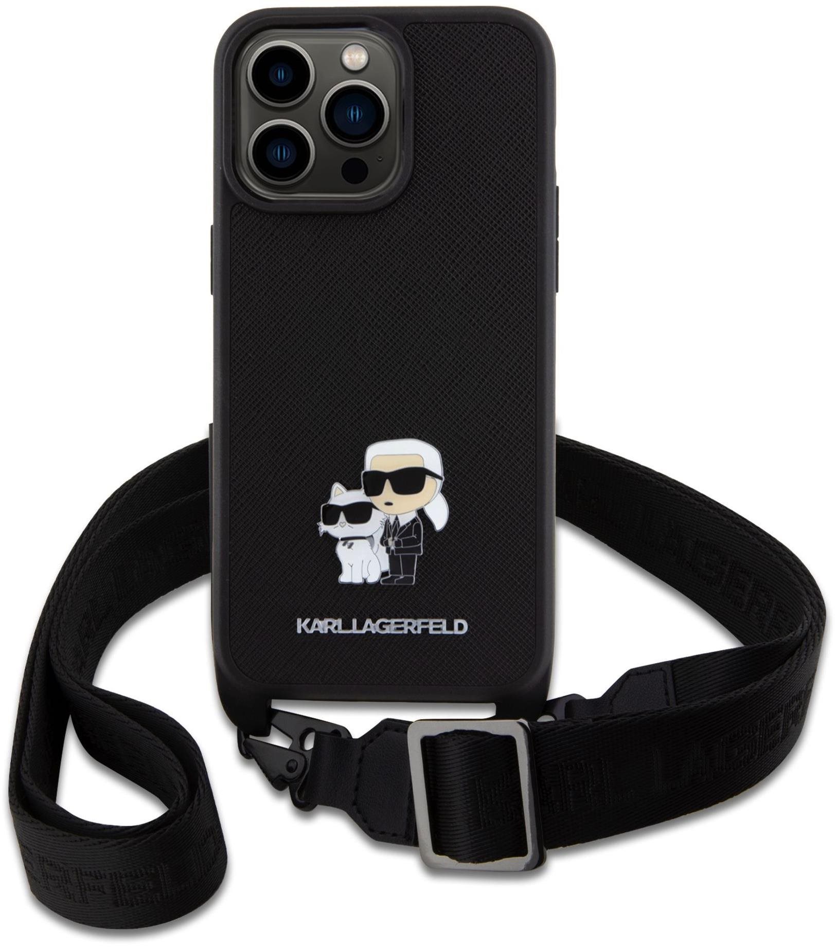 Karl Lagerfeld Saffiano Crossbody Metal Karl and Choupette Zadný Kryt pre iPhone 15 Pro Max Black