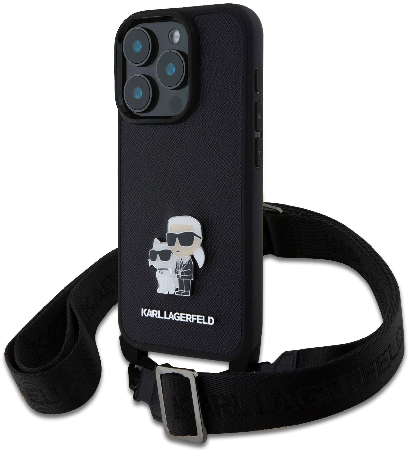 Karl Lagerfeld Saffiano Crossbody Popruh Metal Karl and Choupette Zadný Kryt na iPhone 16 Pro Max Black