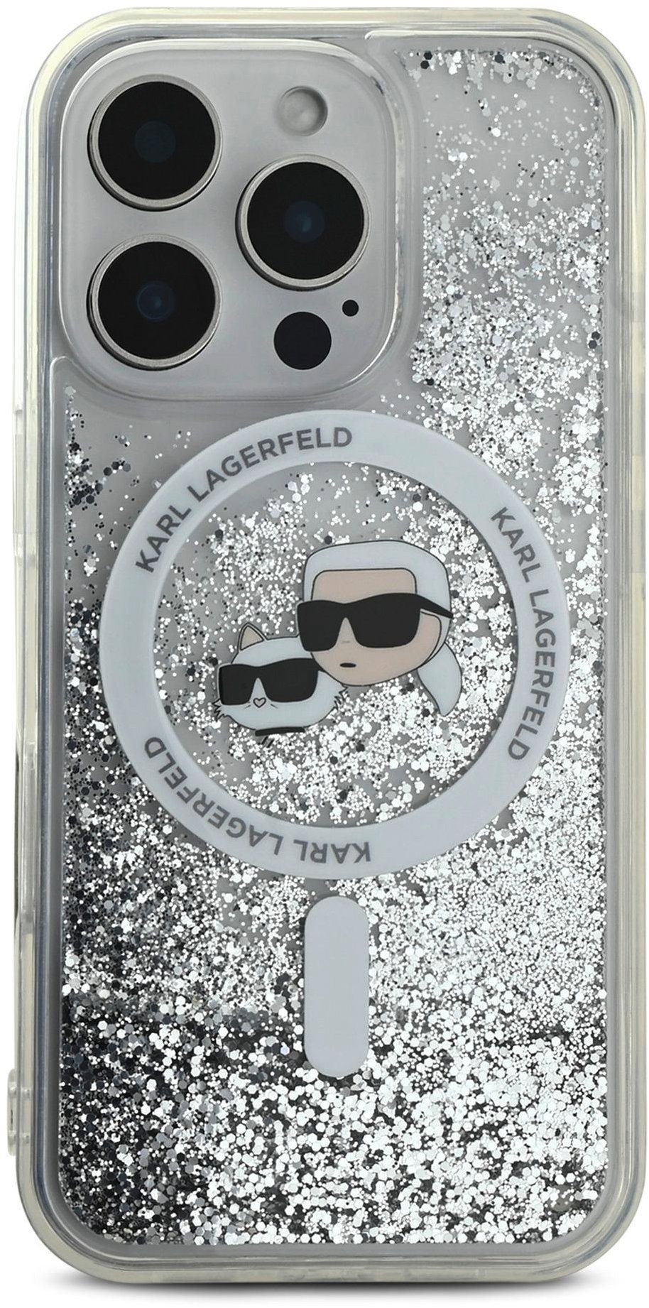 Karl Lagerfeld Liquid Glitter Karl and Choupette Heads MagSafe Zadný Kryt na iPhone 16 Pro Max Transparent
