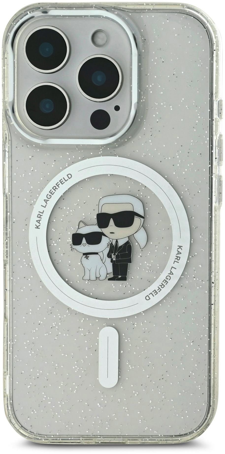 Karl Lagerfeld IML Glitter Karl and Choupette MagSafe Zadný Kryt na iPhone 16 Pro Max Transparent