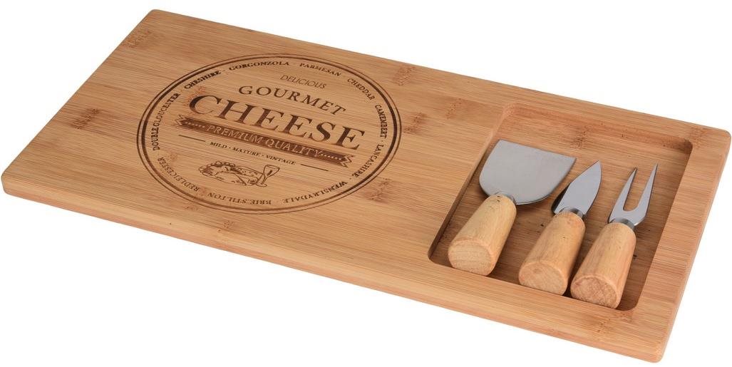 Koopman doštička na syr bambus sada 4 diely (doštička 38 × 18,5 × 1,5cm, 2× nôž, 1× vidlička)