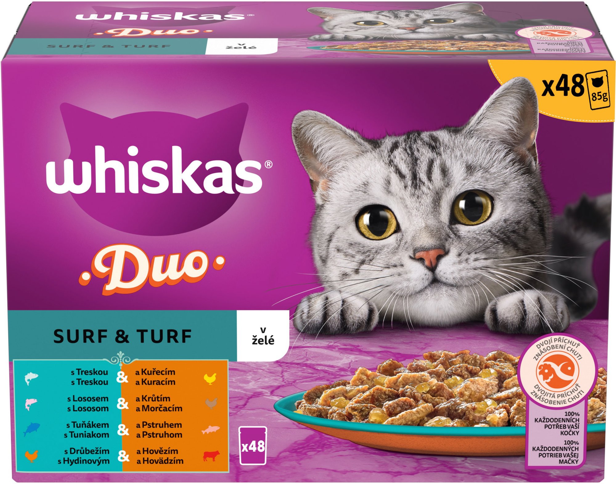 Whiskas 1+ Duo Surf and Turf, krmivo pre dospelé mačky v želé, 48 × 85 g
