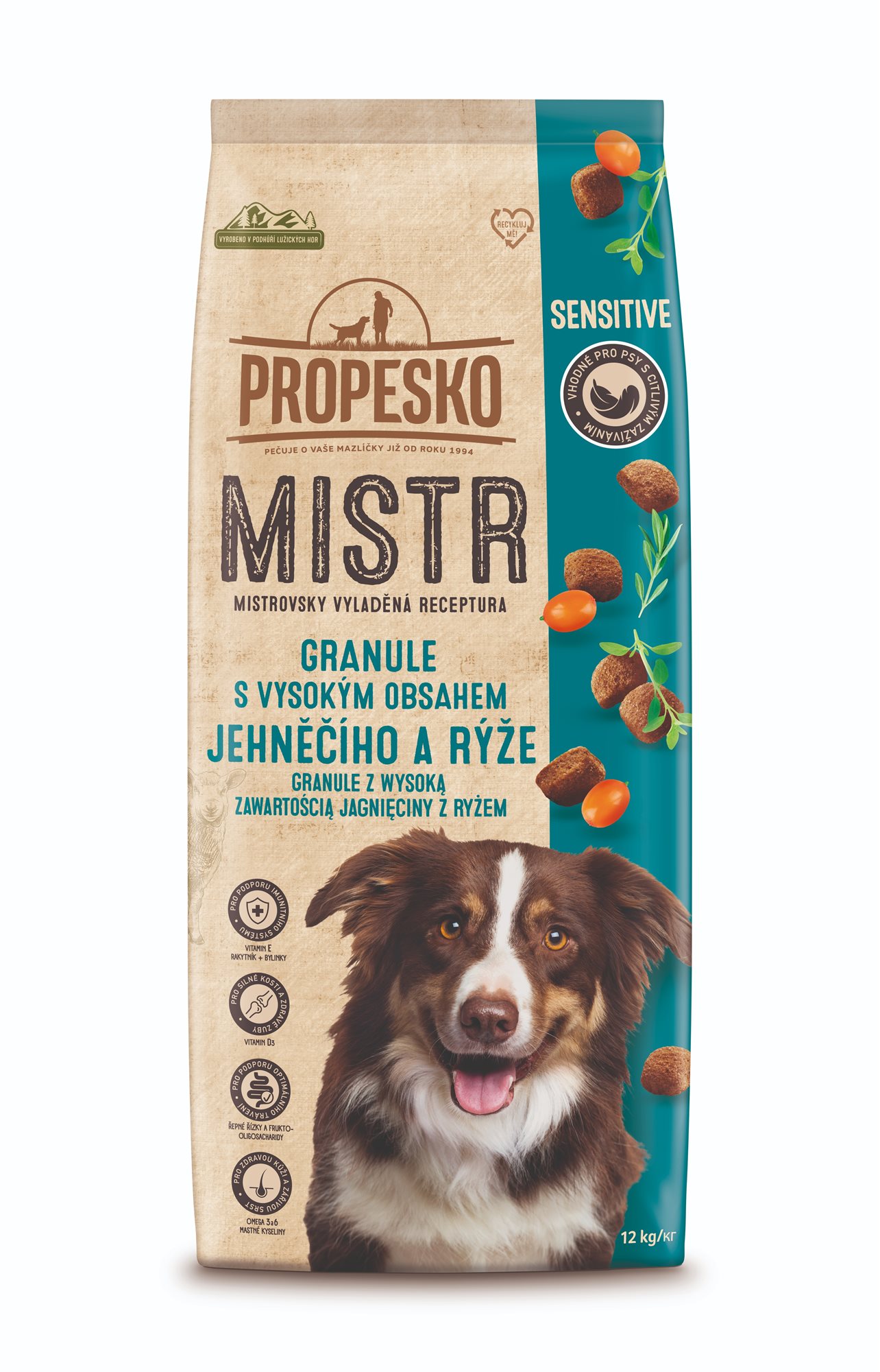 Propesko Mistr granule Sensitive s jahňacím a ryžou 12 kg