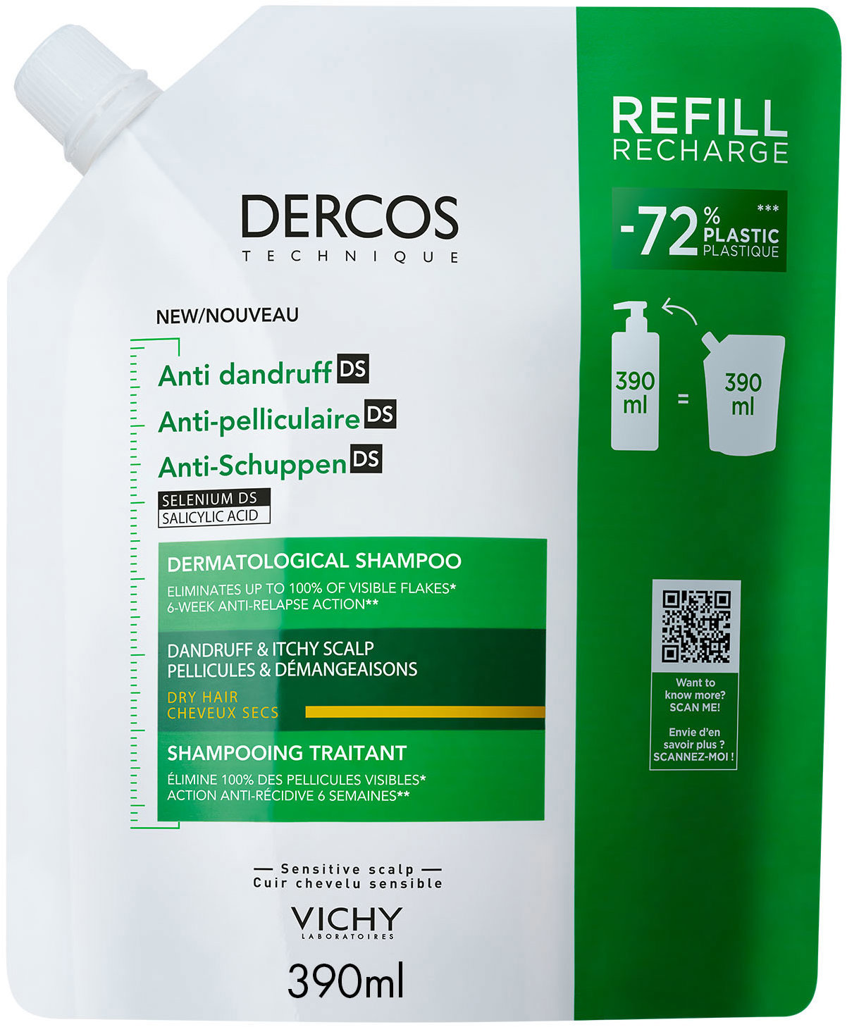 VICHY Dercos Šampón proti lupinám suché vlasy náhradná náplň 390 ml