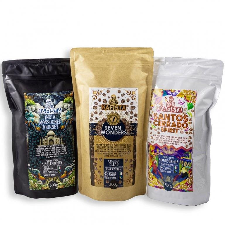 Kafista súprava zrnkových káv – Monzúnová Robusta, Brazílská Arabica & Seven Wonders Zmes 3× 500 g