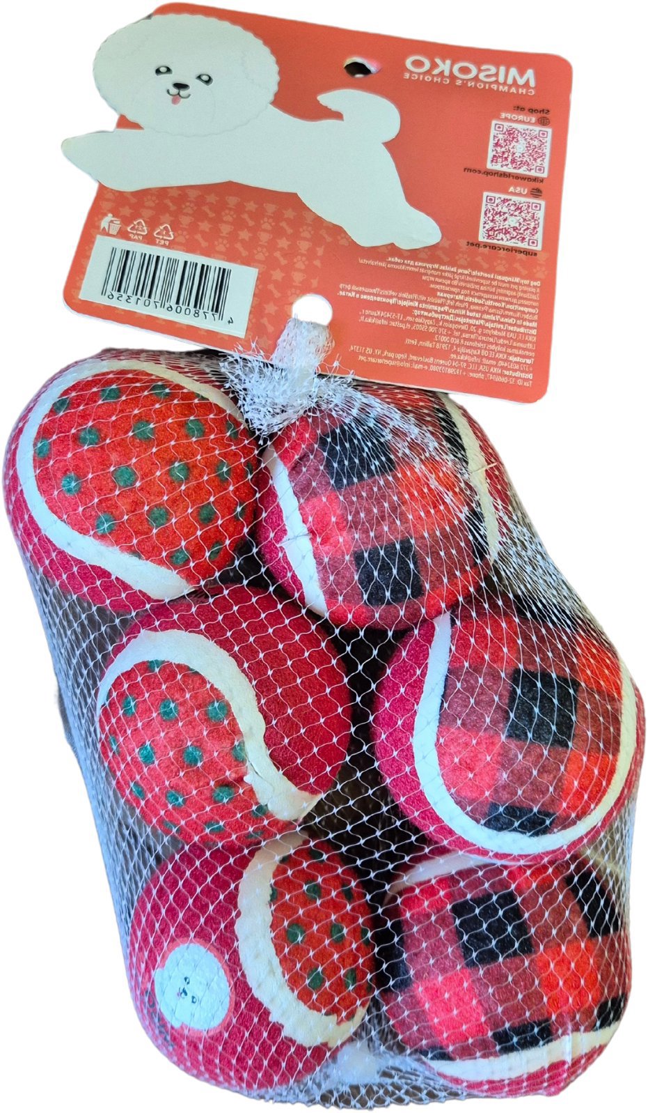 MISOKO & CO Tenisové loptičky, 6 ks, 6 cm, červené – mix bodky a kocky