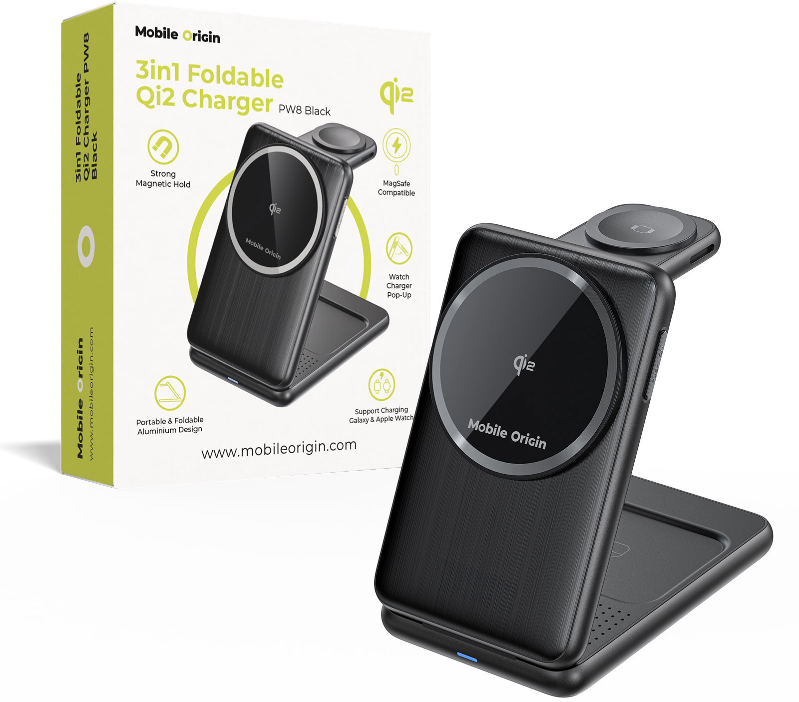 Mobile Origin 3 in 1 Foldable Qi2 Charger PW8 Black