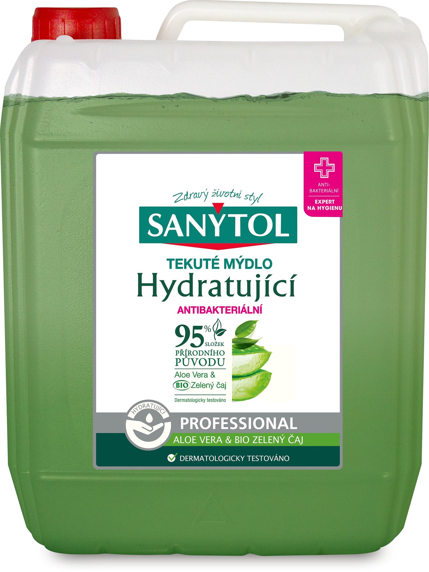 SANYTOL – Tekuté mydlo hydratujúce, antibakteriálne Professional Aloe Vera & Bio, zelený čaj, 5 l