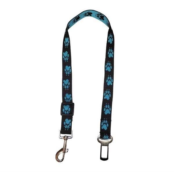 Palkar bezpečnostný pás do auta pre veľké psy 65 cm × 25 mm, čierno-svetlomodrý s labkami