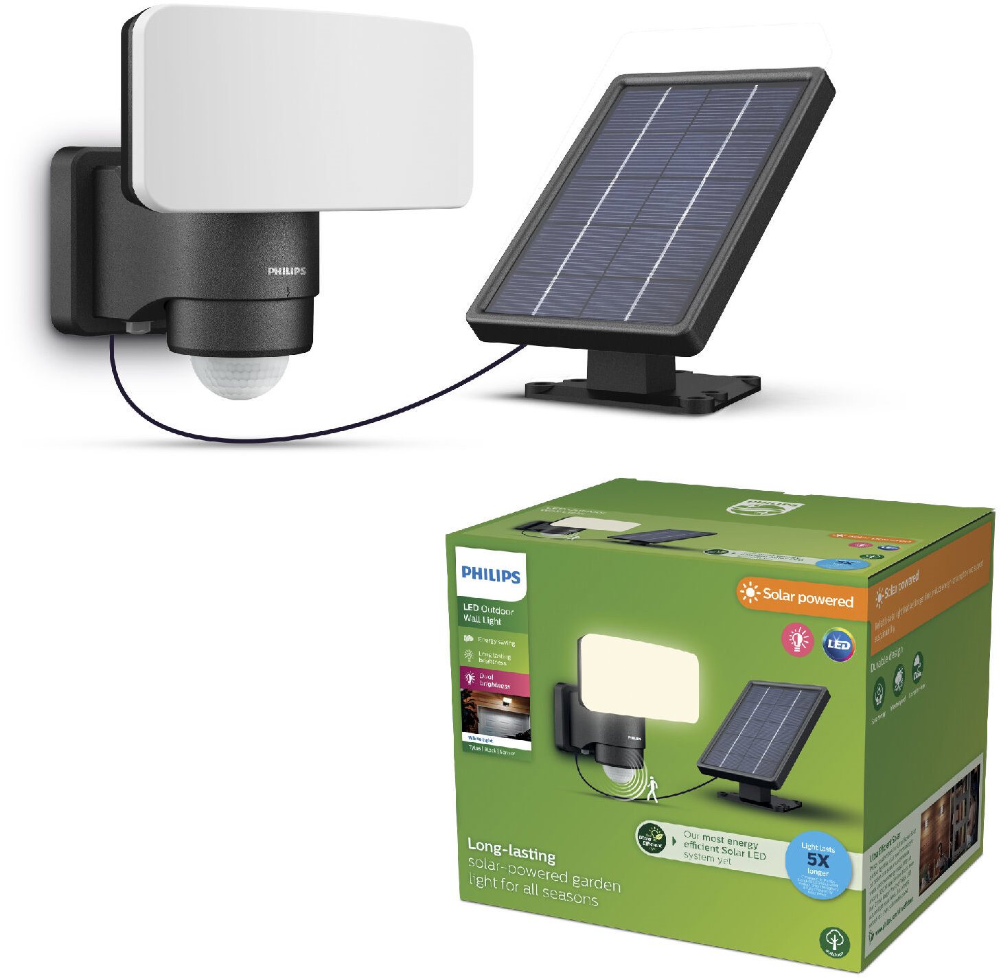 Philips Tylus Security solárny LED reflektor so senzorom 6 W, 1000/50 lm, 3000 K, IP44, čierny