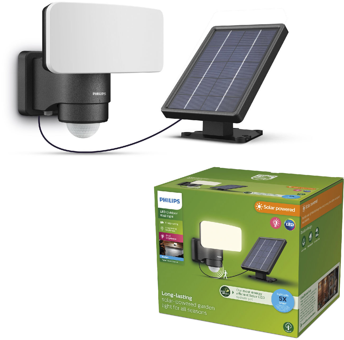 Philips Tylus Security solárny LED reflektor so senzorom 6 W, 1000/50 lm, 5000 K, IP44, čierny