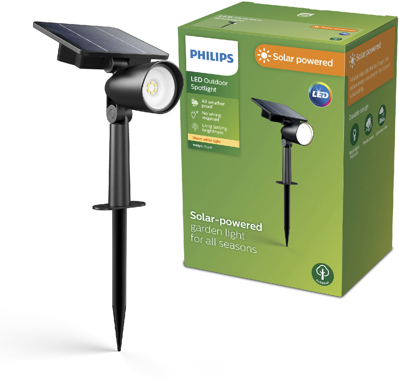 Philips Ashlyn vonkajší solárny zemný LED reflektor 1,4 W, 150 lm, 2700 K, IP44, čierny