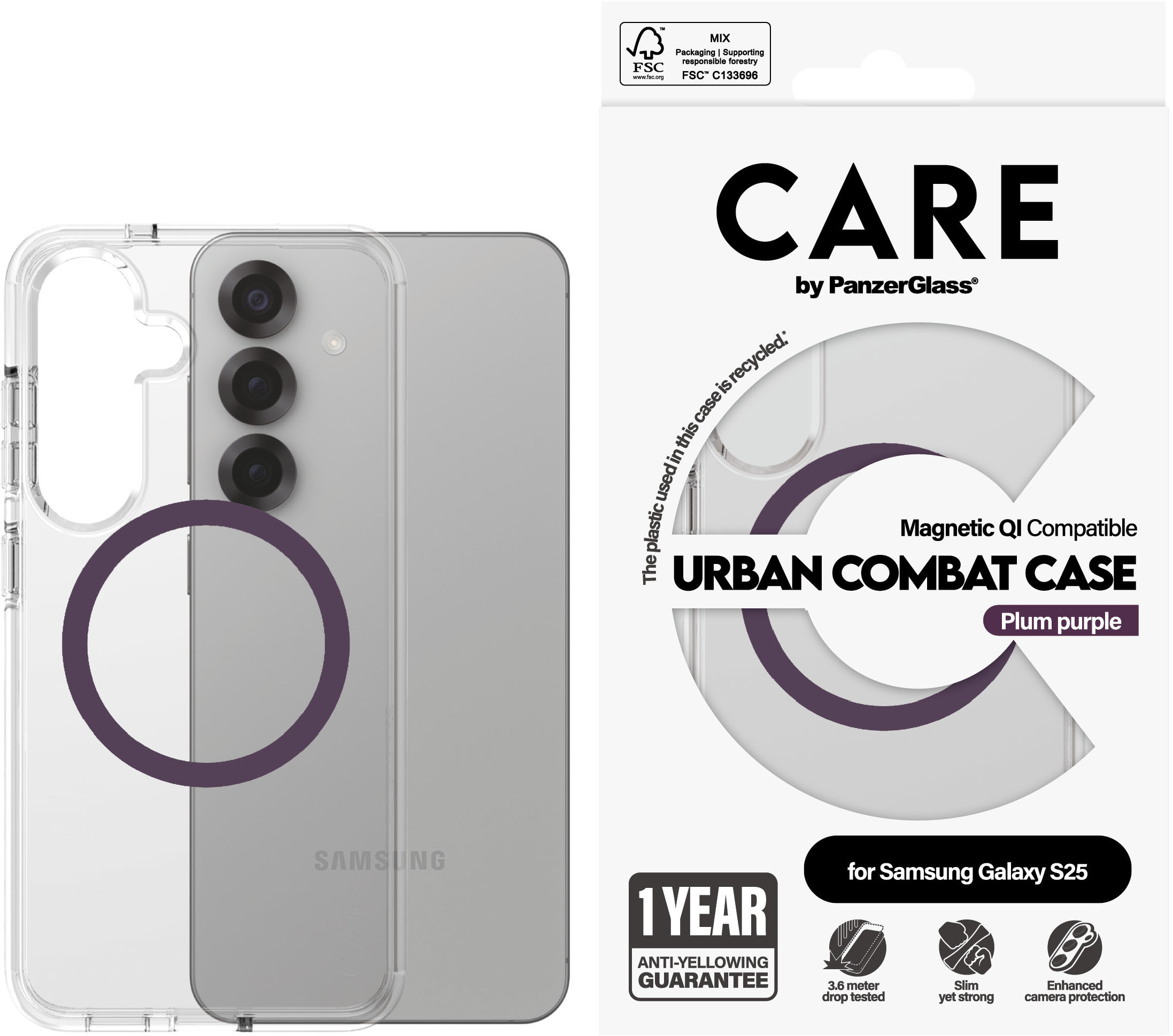 PanzerGlass CARE kryt Samsung Galaxy S25 Urban Combat číry/fialový QI (Plum Purple)
