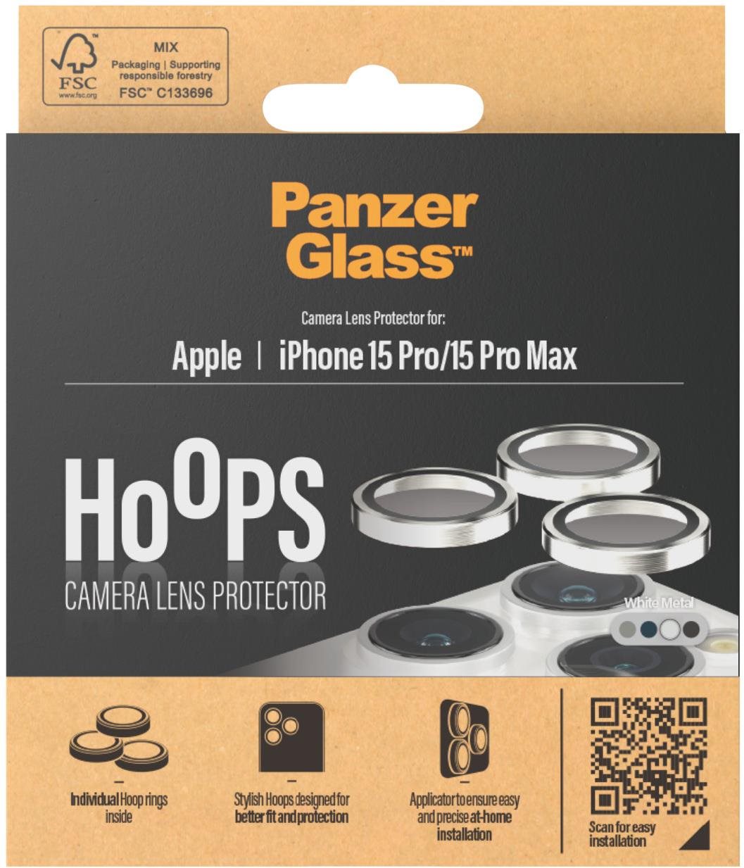PanzerGlass HoOps Apple iPhone 16 Pro/15 Pro/16 Pro Max/15 Pro Max – krúžky na šošovky fotoaparátu – biely hliník