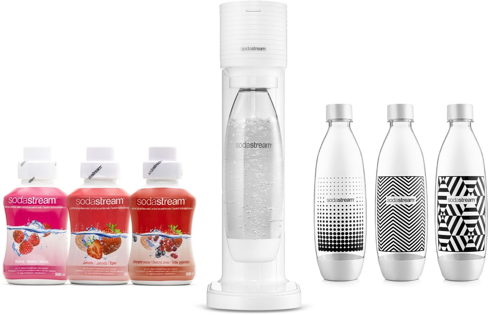 SodaStream Gaia White + Fľaša TriPack + MALINA, JAHODA, ZAHRADNÉ OVOCIE