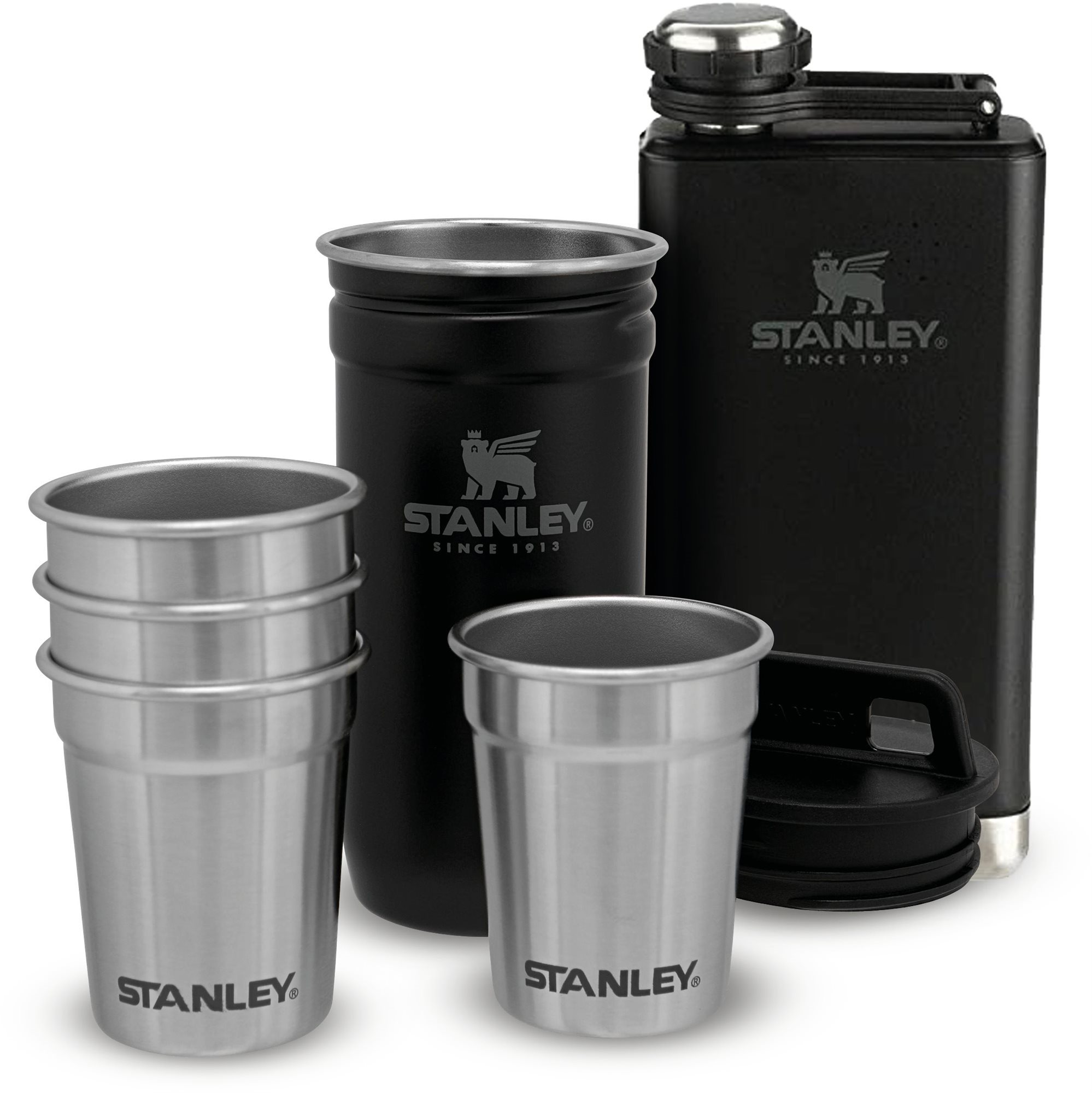 STANLEY Darčekový set ploskačka a panáky 4 ks ADVENTURE SERIES čierna matná