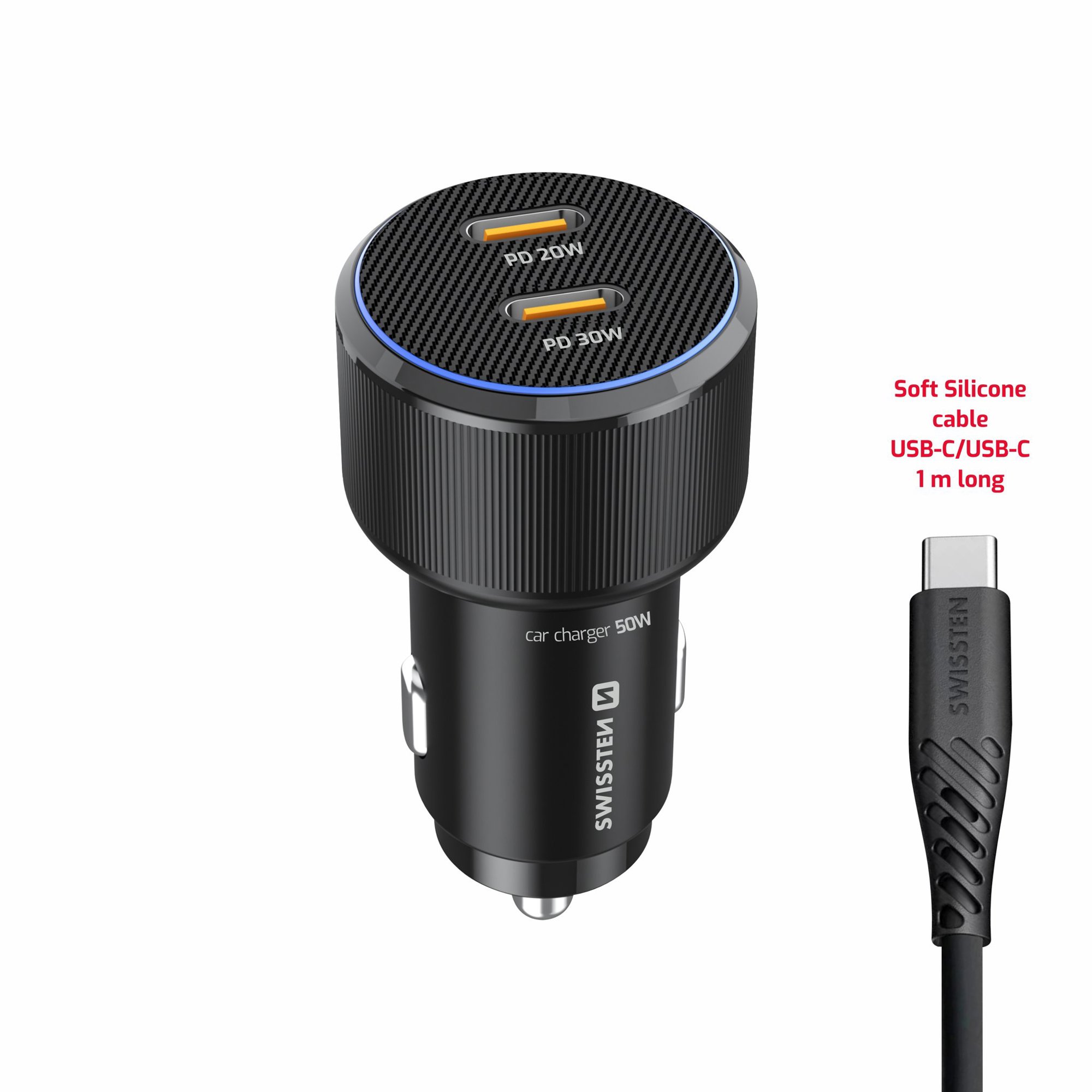 Swissten CL Adaptér 2× USB-C PD 50W čierny + kábel USB-C/USB-C 1 m