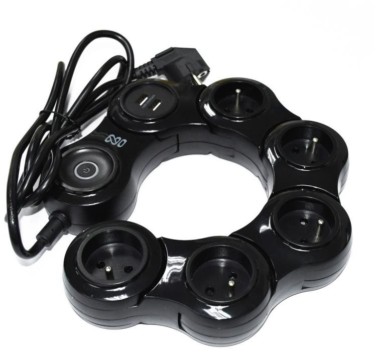 IN Prepäťová ochrana SNAKE 1,5 m, 5 zásuviek, 2 USB, čierna