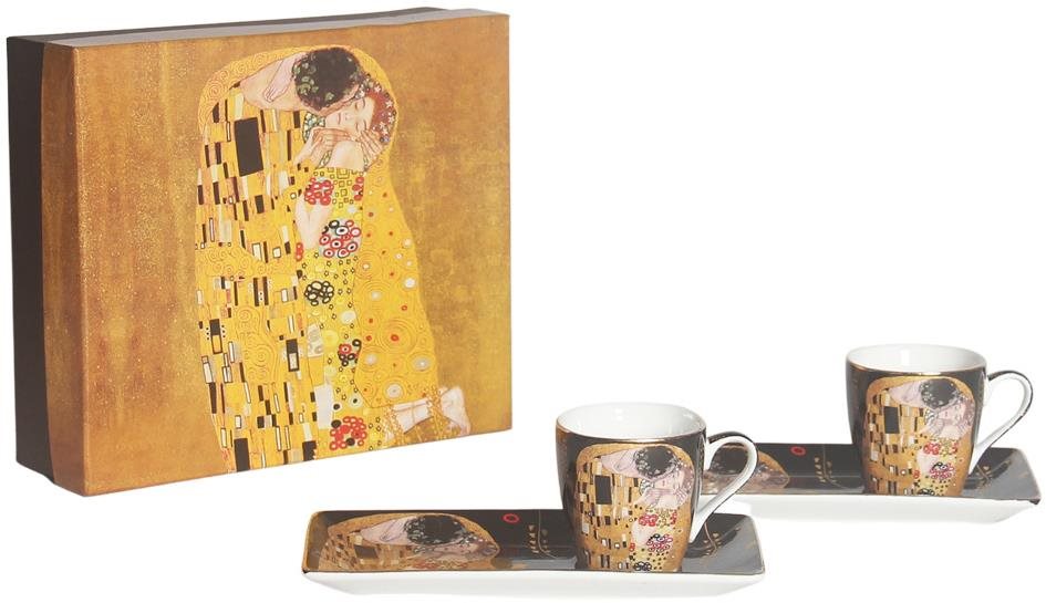 Home Elements Espresso sada 2× 75 ml s podtáckami, Klimt, Bozk tmavý