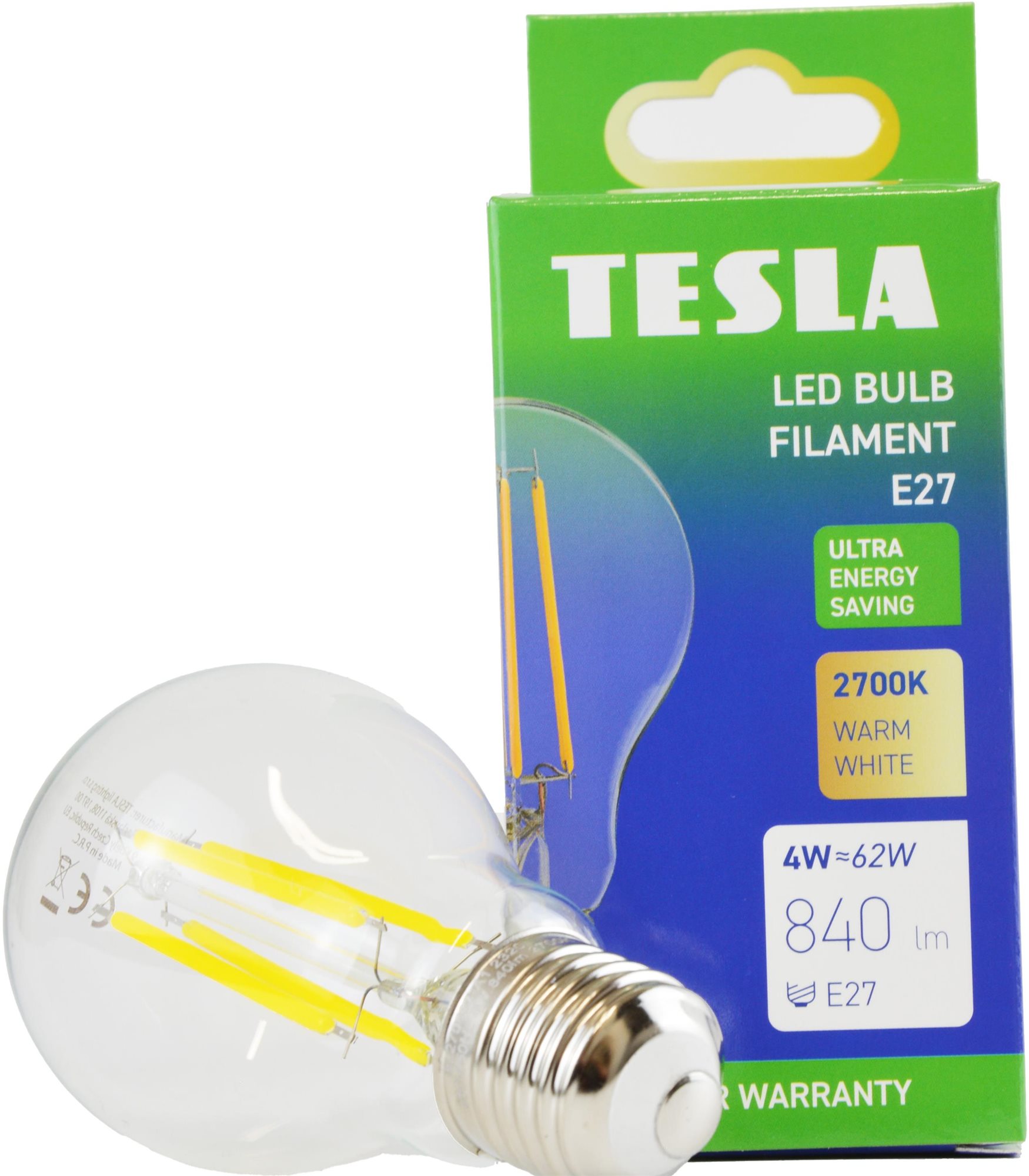 Tesla Filament A class, E27, 4 W, 840 lm, 2700 K teplá biela, 360 st, číra, 230 V, 25000 h